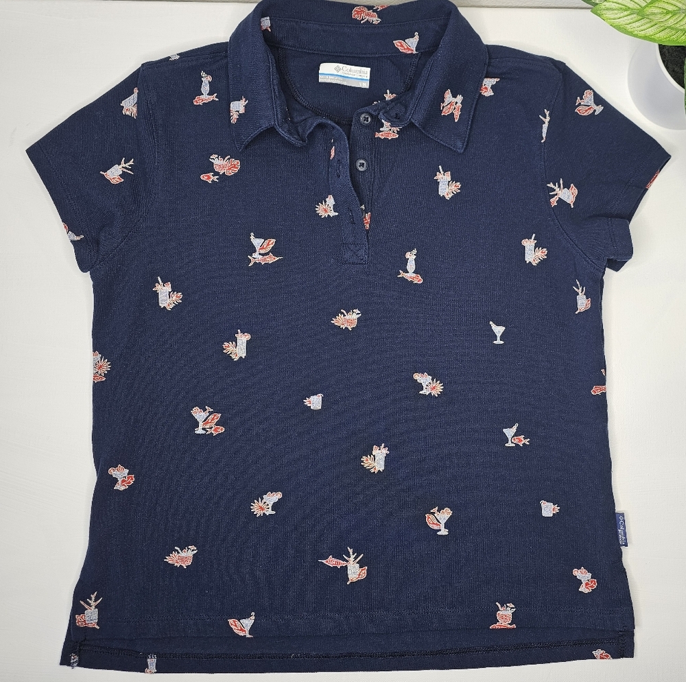 🎣 Columbia PFG Women’s Polo Shirt – Medium – Tropical Seafood & Cocktail